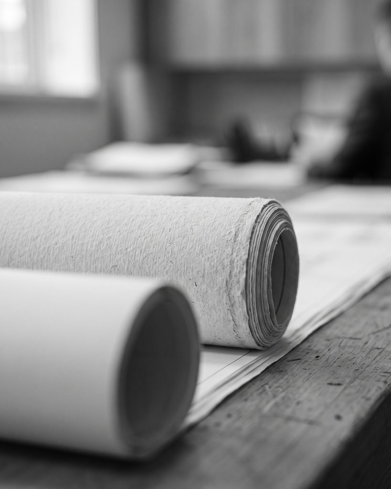 Rolled project drawings on a timber desk